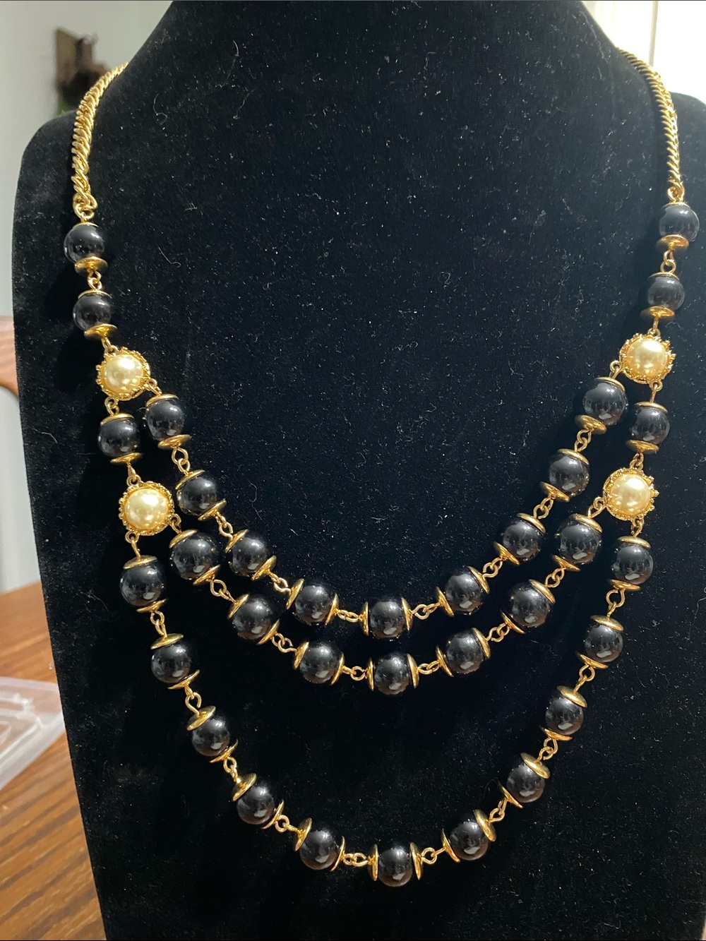 Lucky Brand Black and Gold Triple-Strand Beaded Necklace